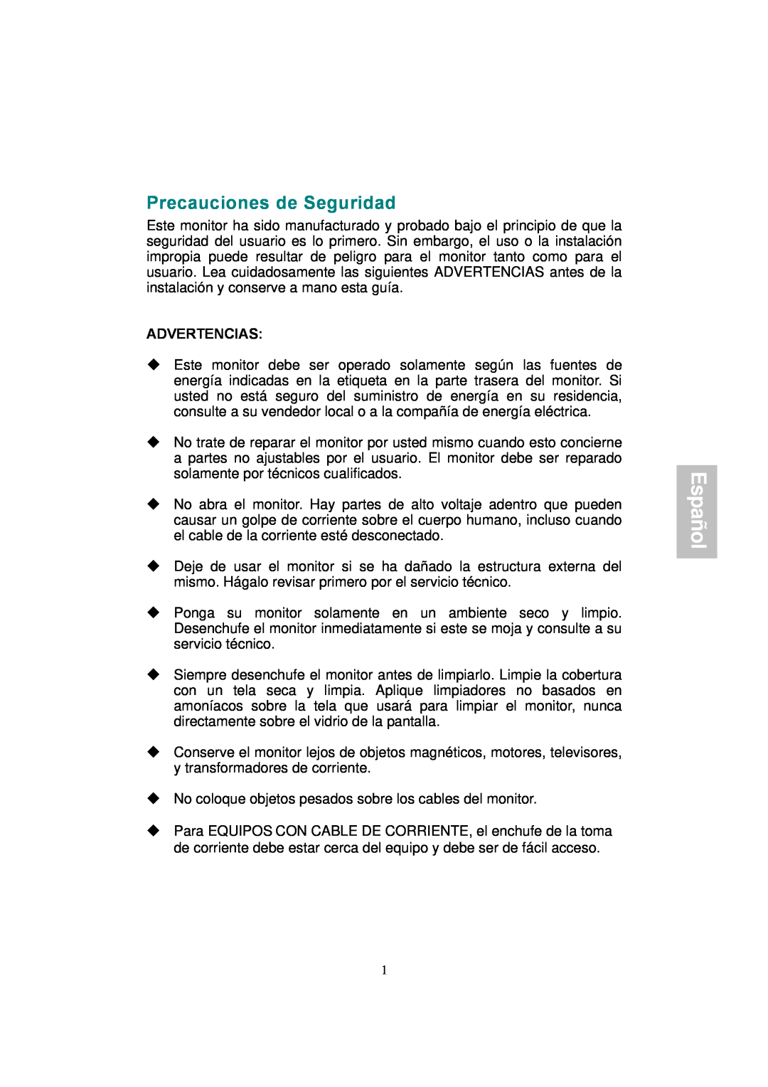 AOC 177S manual Precauciones de Seguridad, Español, Advertencias 