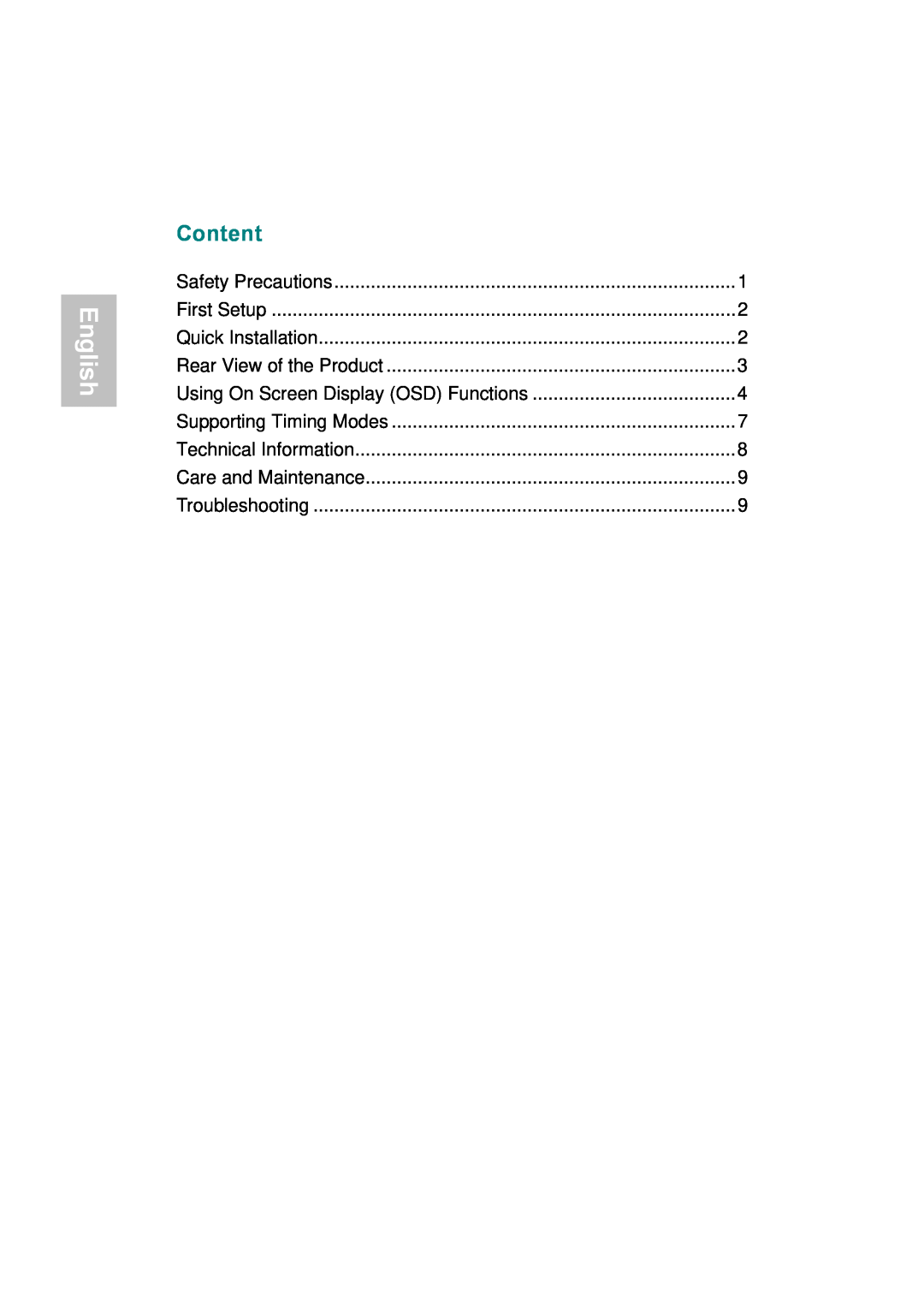 AOC 177S Content, English, Safety Precautions, First Setup, Quick Installation, Rear View of the Product, Troubleshooting 