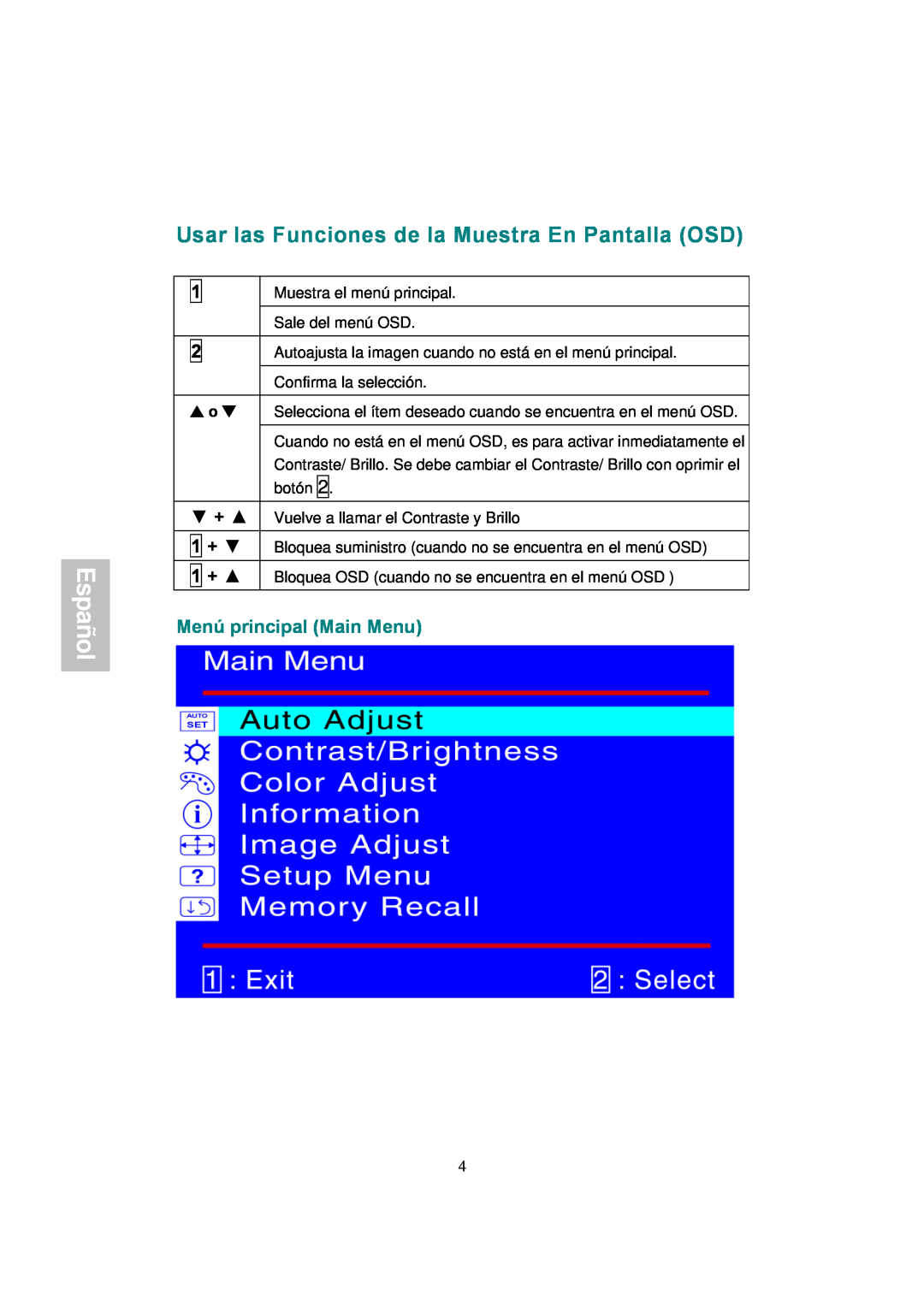 AOC 177S manual Usar las Funciones de la Muestra En Pantalla OSD, Menú principal Main Menu, Español 