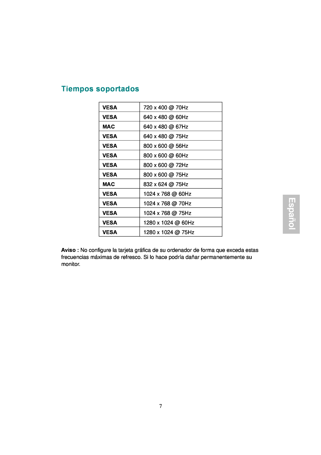 AOC 177S manual Tiempos soportados, Español 