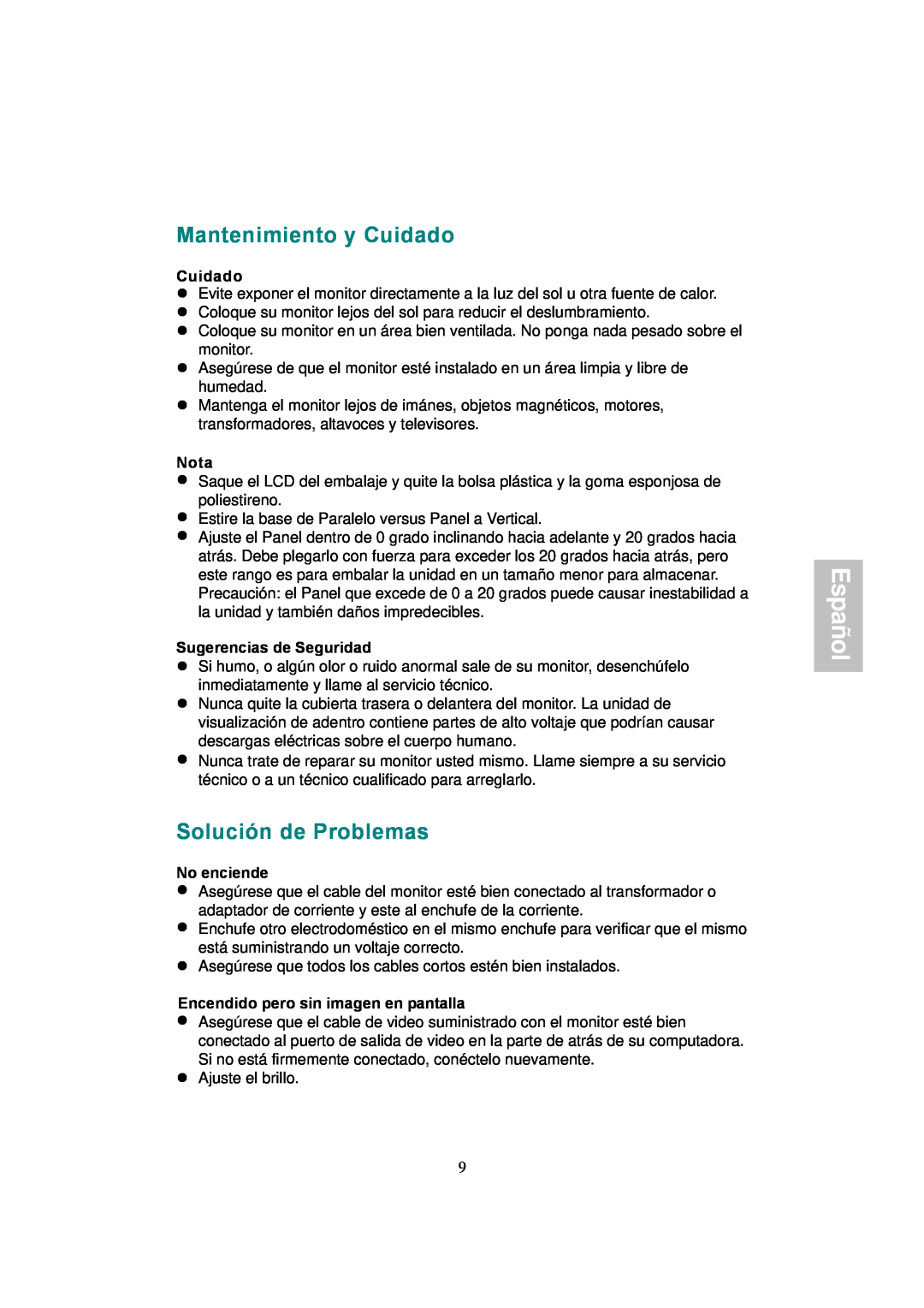 AOC 177S manual Mantenimiento y Cuidado, Solución de Problemas, Español, Nota, Sugerencias de Seguridad, No enciende 