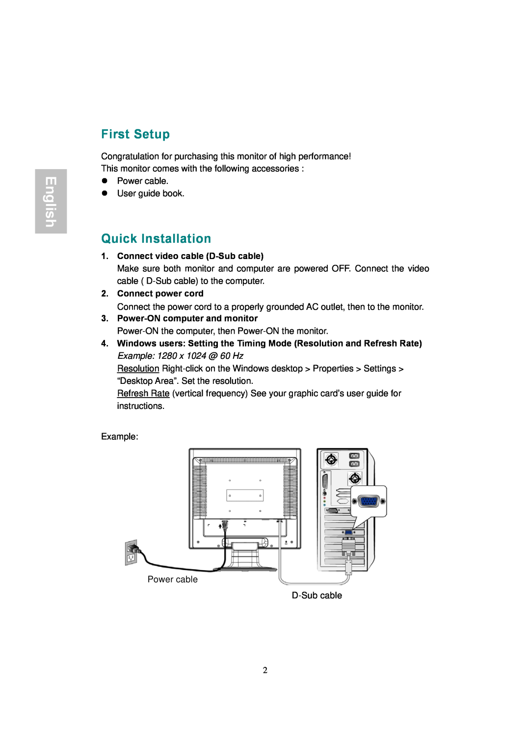 AOC 177S manual First Setup, Quick Installation, English, Connect video cable D-Sub cable, Connect power cord 
