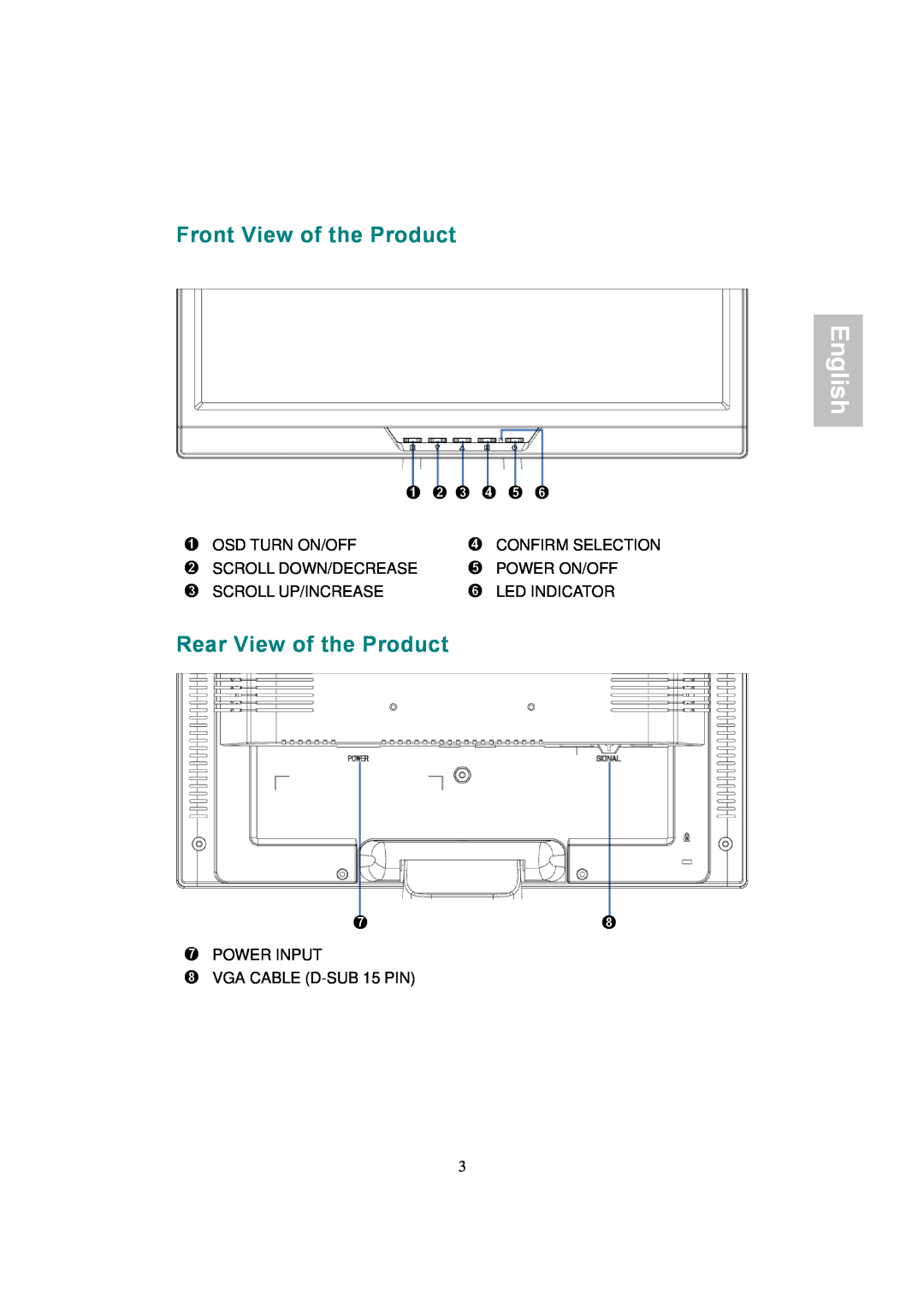 AOC 177S manual Front View of the Product, Rear View of the Product, English, ➊ 耟➋ ➌ 耟➍ 耟➎ 耟➏, ➐ 耟莤 莤 莤 莤 莤 莤 莤➑ 耟 