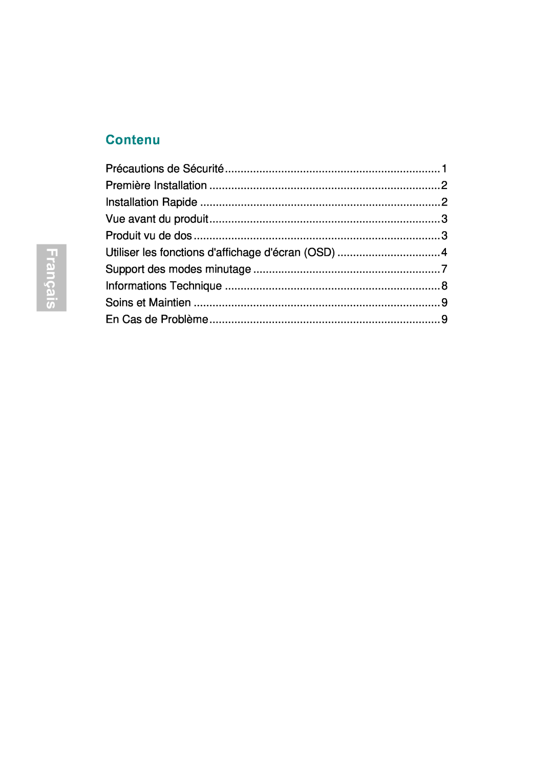 AOC 177Sa-1 manual Contenu, Français 