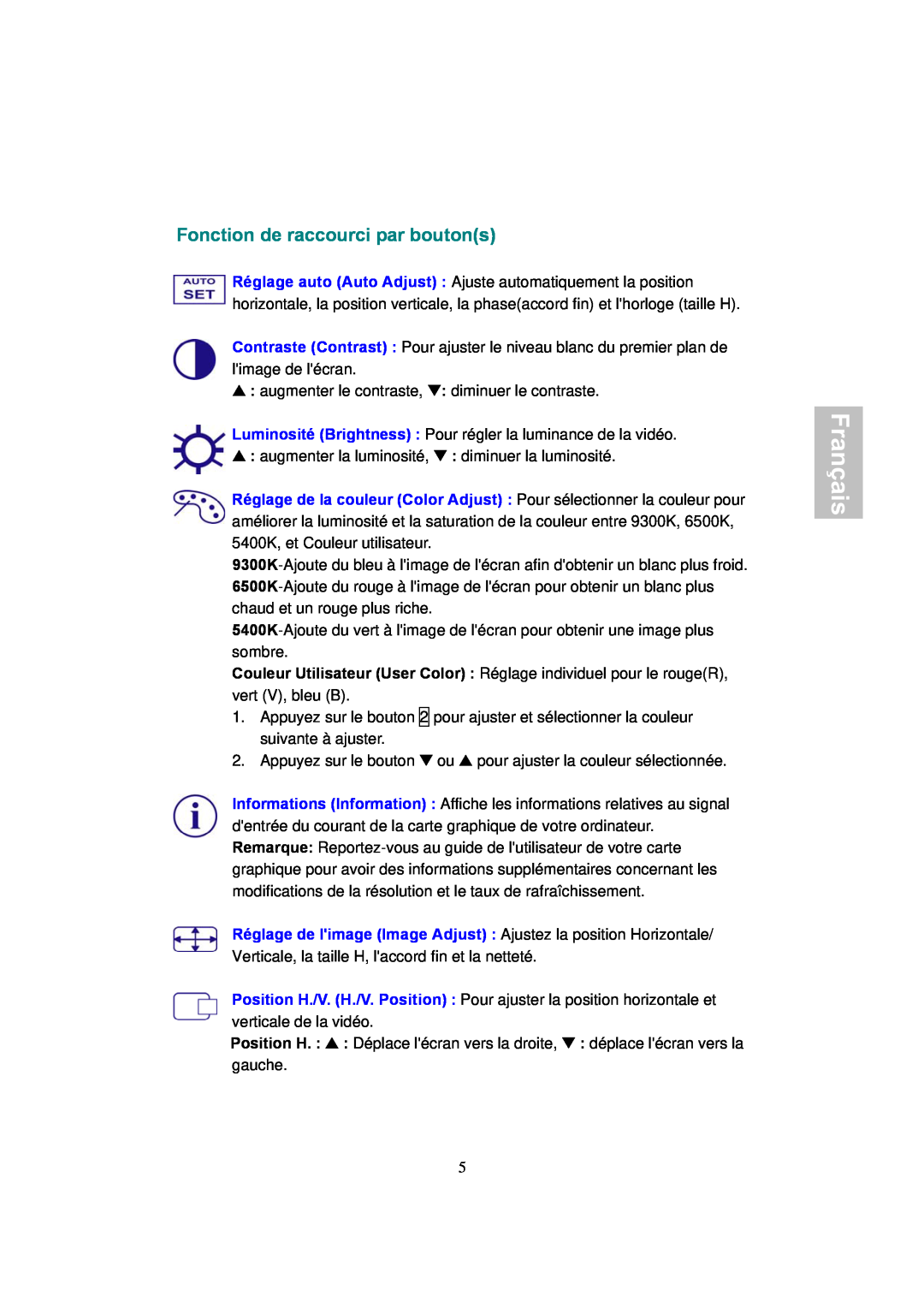 AOC 177Sa-1 manual Fonction de raccourci par boutons, Français 