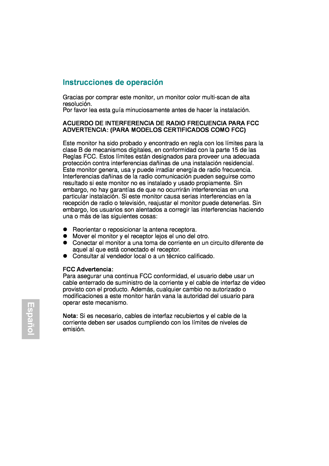 AOC 177Sa-1 manual Español, Instrucciones de operación, FCC Advertencia 