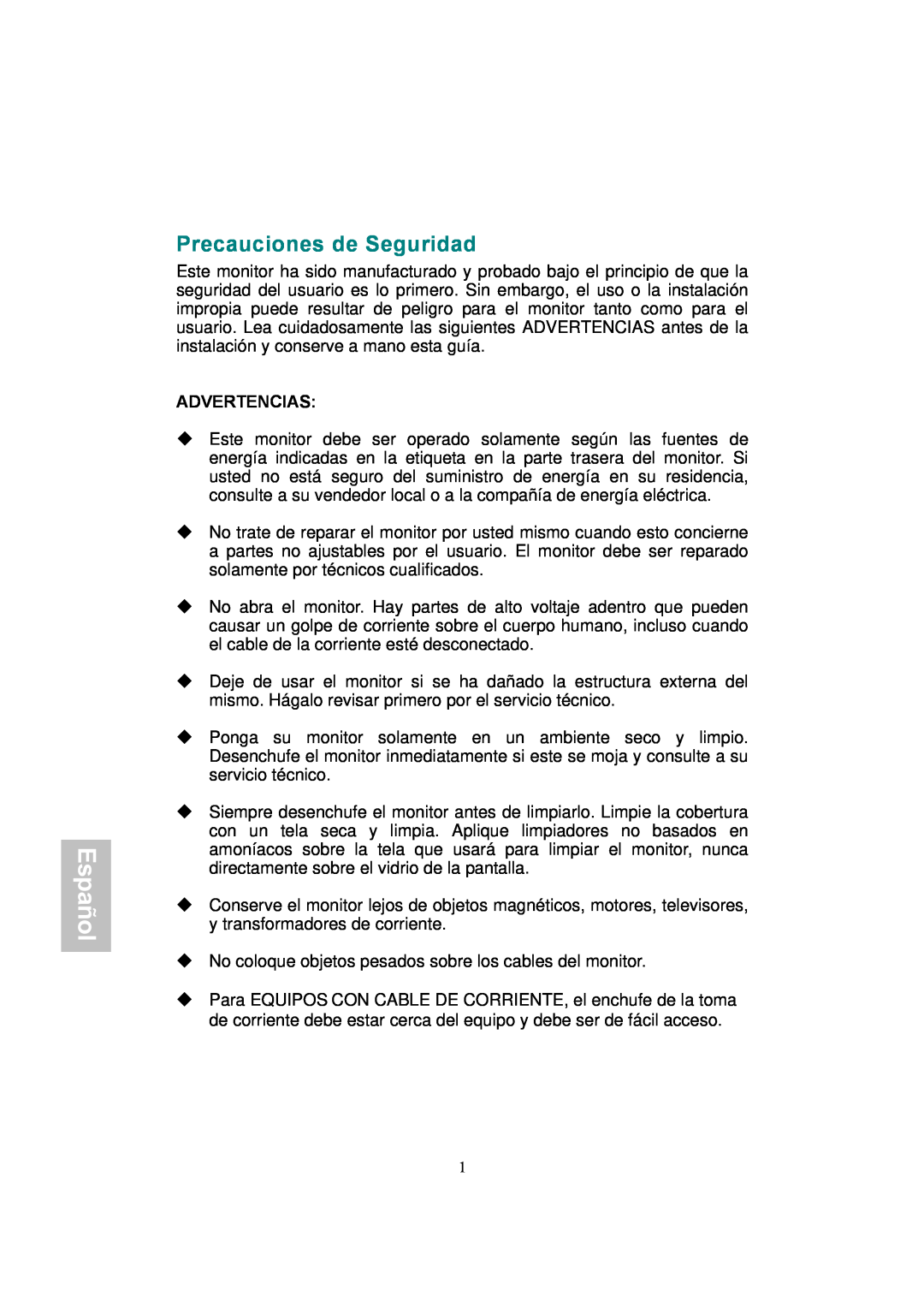 AOC 177Sa-1 manual Precauciones de Seguridad, Español, Advertencias 
