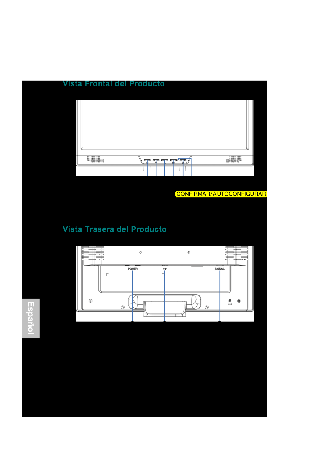 AOC 177Sa-1 Vista Frontal del Producto, Vista Trasera del Producto, Español, Activar/Salir Osd, Confirmar/Autoconfigurar 