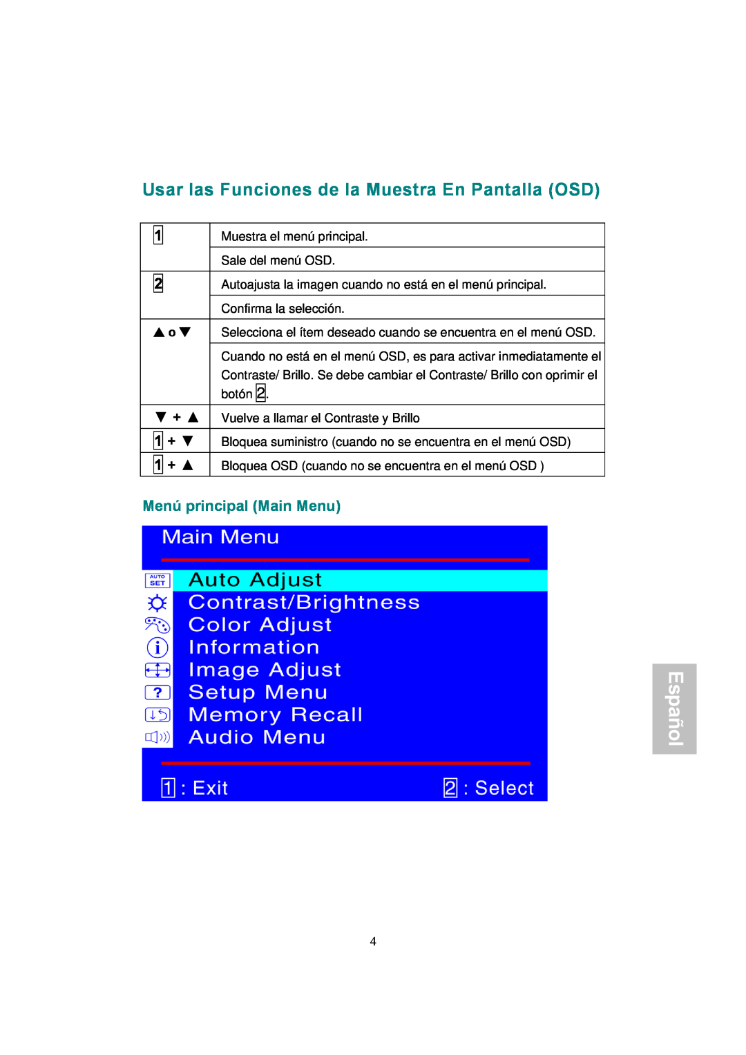 AOC 177Sa-1 manual Usar las Funciones de la Muestra En Pantalla OSD, Menú principal Main Menu, Español 