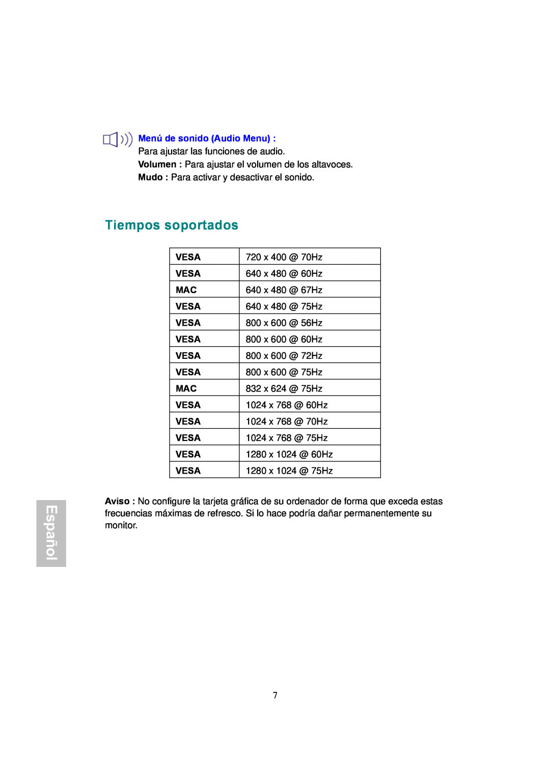 AOC 177Sa-1 manual Tiempos soportados, Español, Menú de sonido Audio Menu 