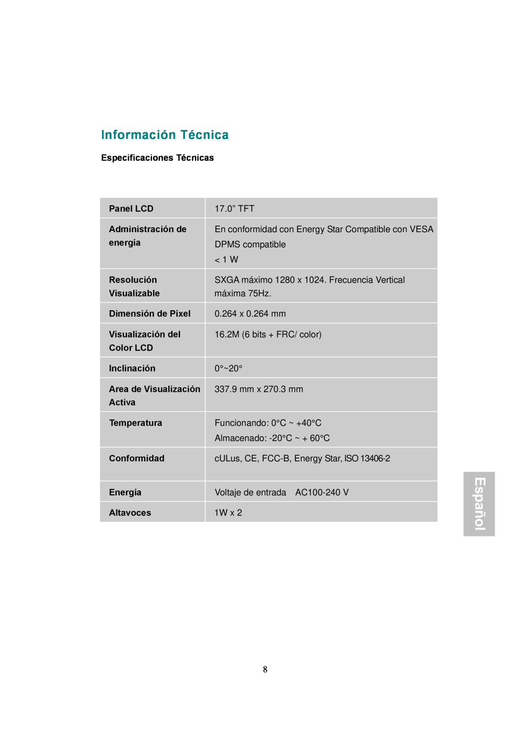 AOC 177Sa-1 manual Información Técnica, Español 