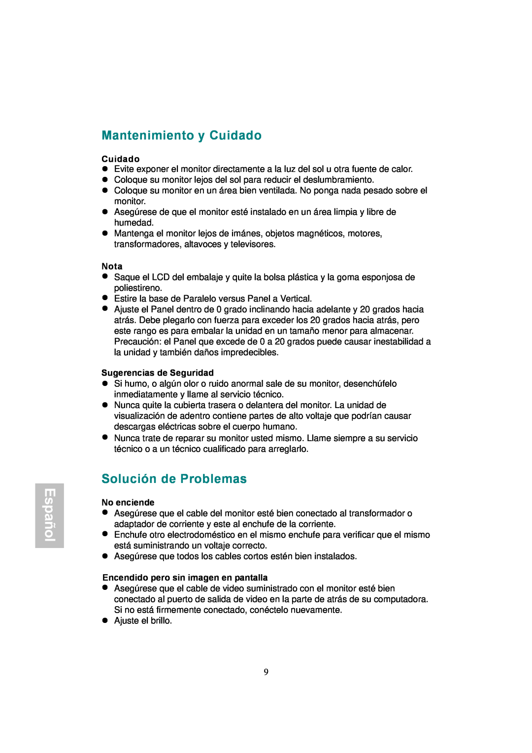 AOC 177Sa-1 manual Mantenimiento y Cuidado, Solución de Problemas, Español, Nota, Sugerencias de Seguridad, No enciende 