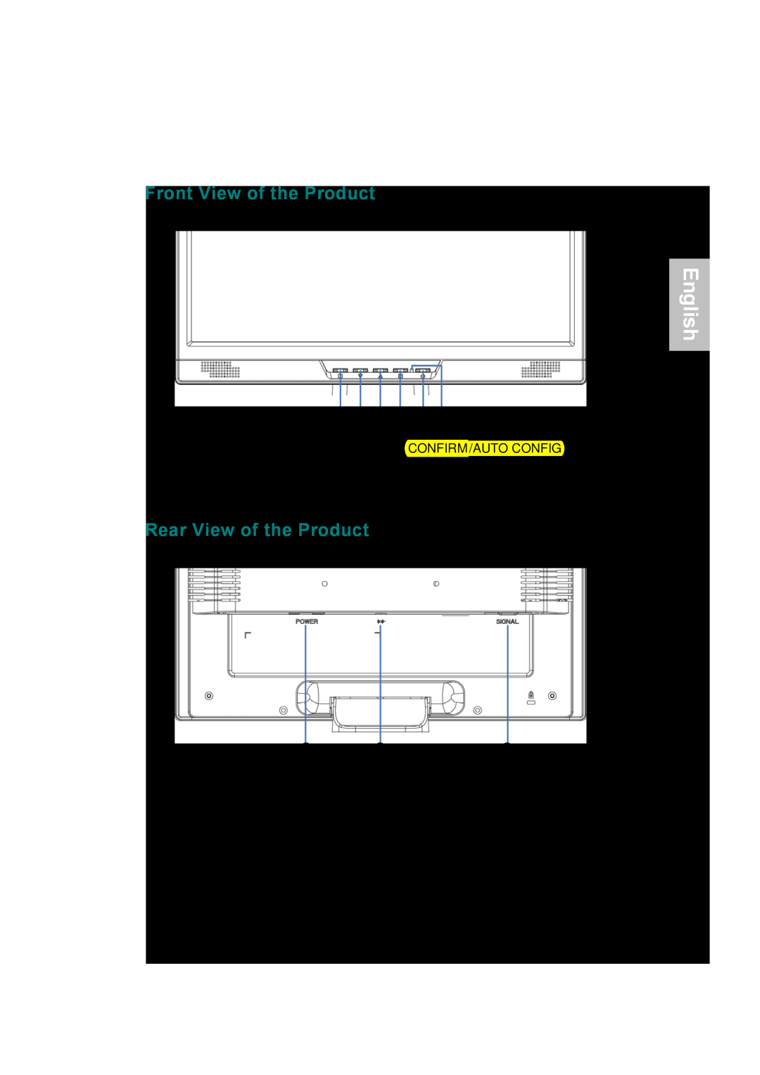 AOC 177Sa-1 manual Front View of the Product, Rear View of the Product, English, Osd Turn On/Off, Confirm/Auto Config 