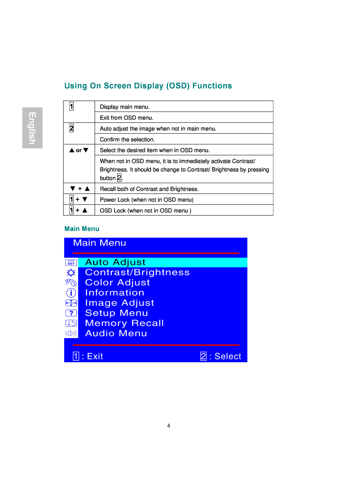 AOC 177Sa-1 manual Using On Screen Display OSD Functions, Main Menu, English 