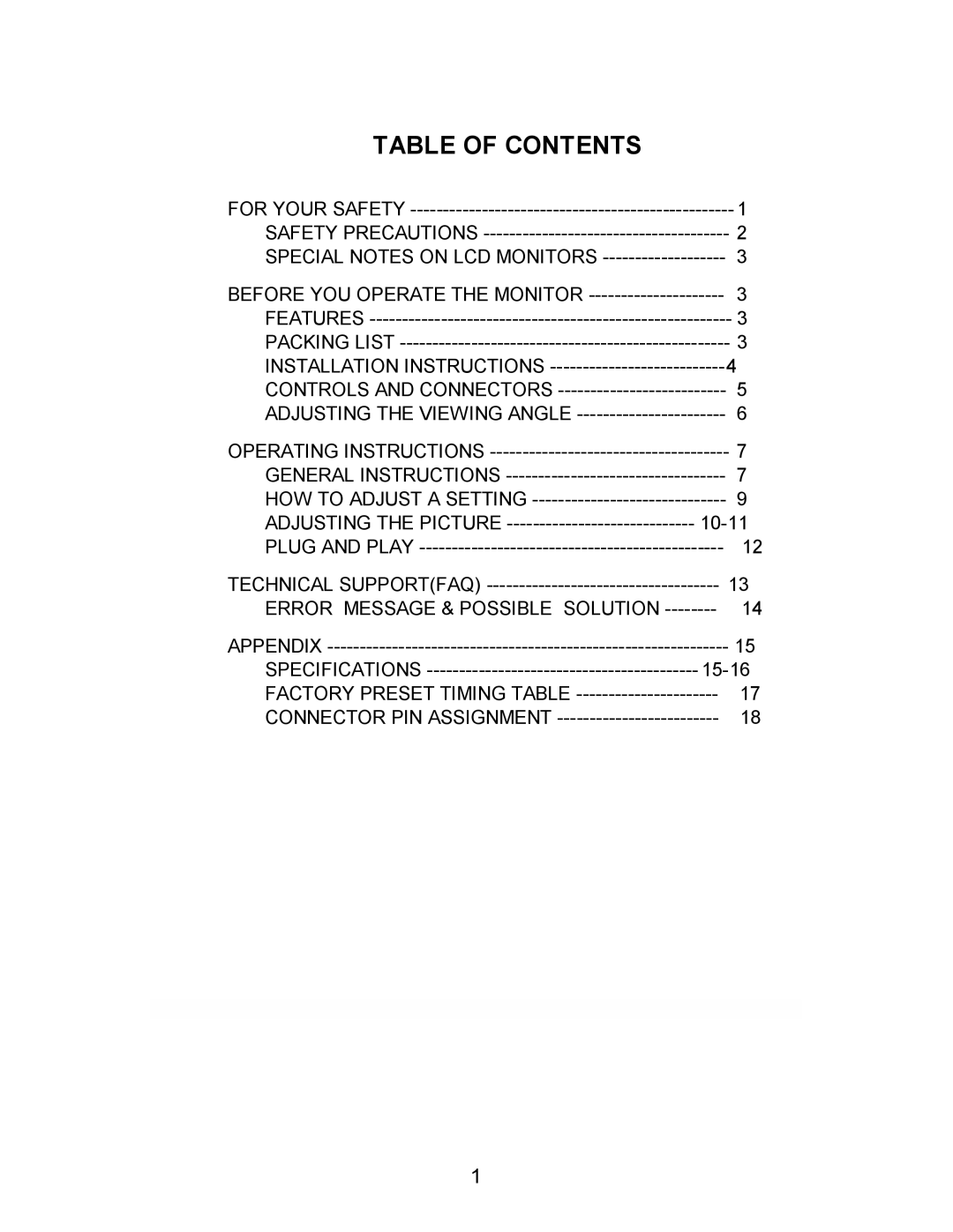 AOC 193FWK manual Table of Contents 