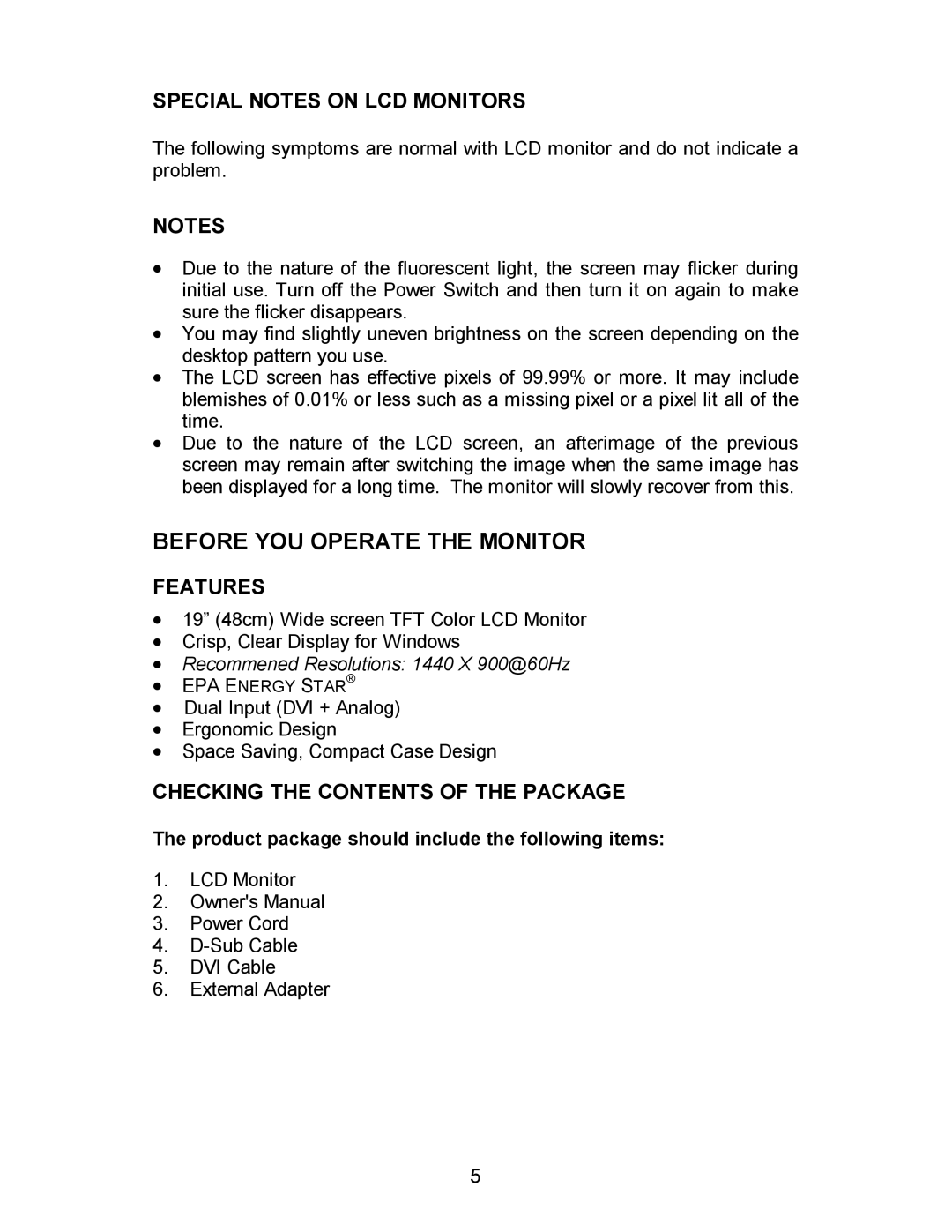 AOC 193FWK manual Special Notes on LCD Monitors, Features, Checking the Contents of the Package 