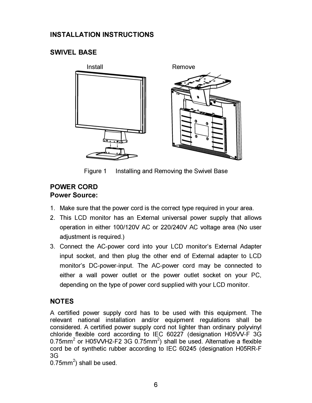 AOC 193FWK manual Installation Instructions Swivel Base, Power Cord, Power Source 