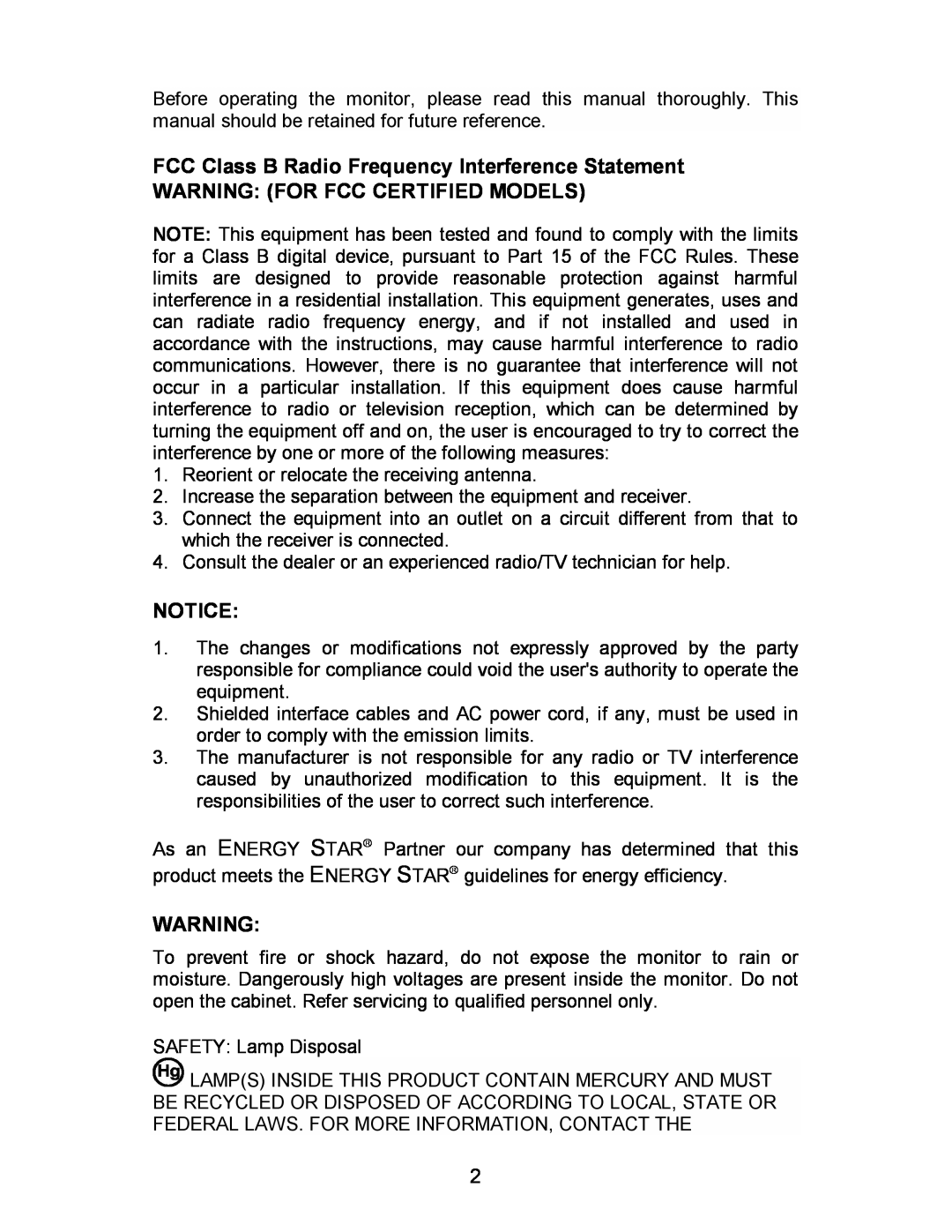 AOC 193FWK manual FCC Class B Radio Frequency Interference Statement, Warning For Fcc Certified Models 