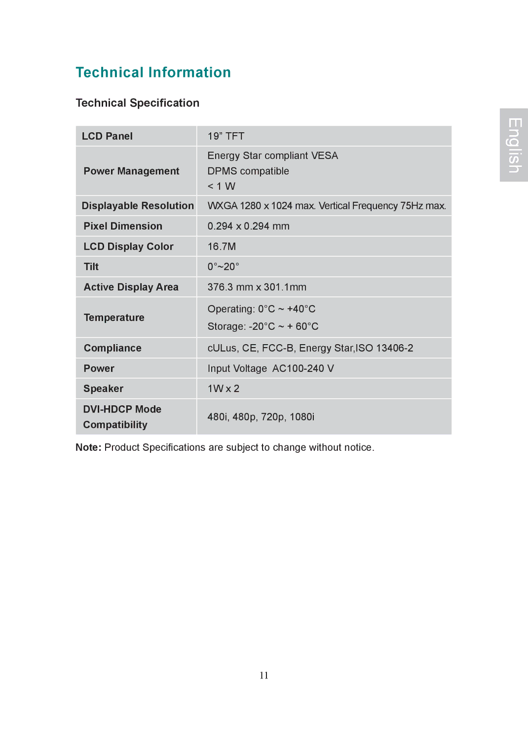 AOC 197Va1 manual Technical Information, Technical Specification 