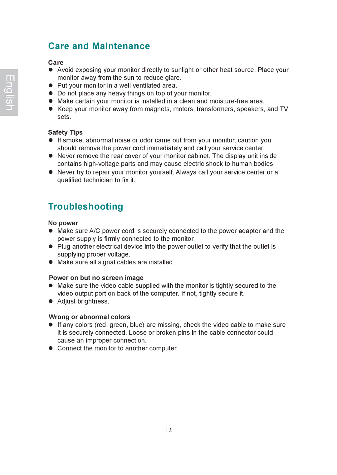 AOC 197Va1 manual Care and Maintenance, Troubleshooting 