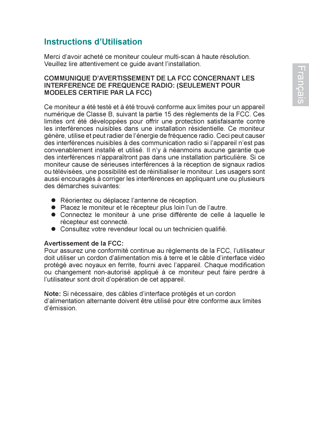 AOC 197Va1 manual Instructions d’Utilisation, Avertissement de la FCC 