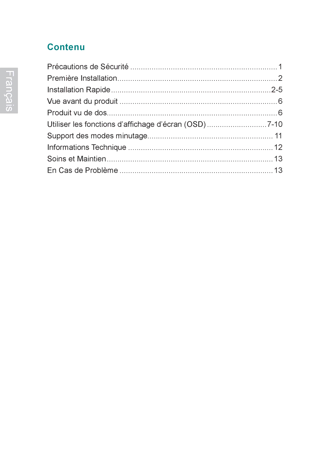 AOC 197Va1 manual Français, Contenu 