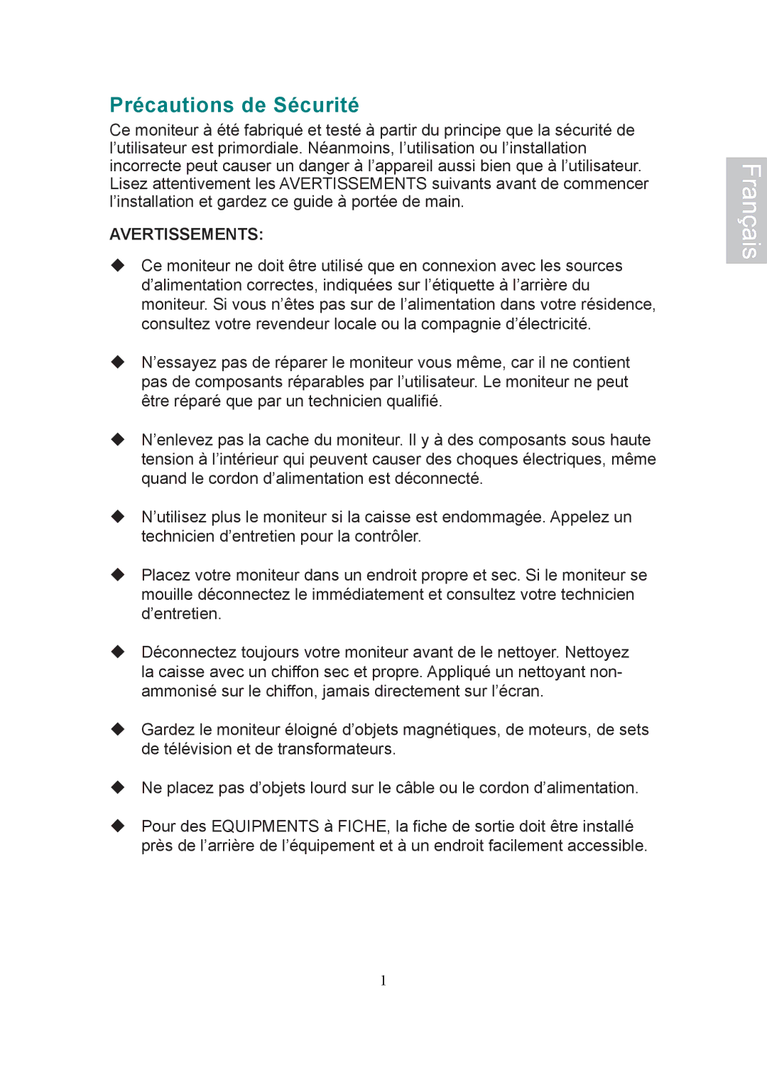 AOC 197Va1 manual Précautions de Sécurité, Avertissements 