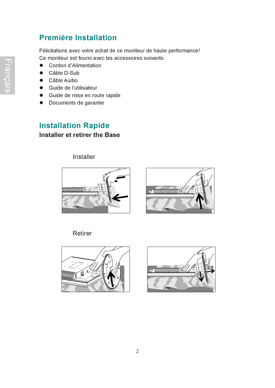 AOC 197Va1 manual Première Installation, Installation Rapide, Installer et retirer the Base 