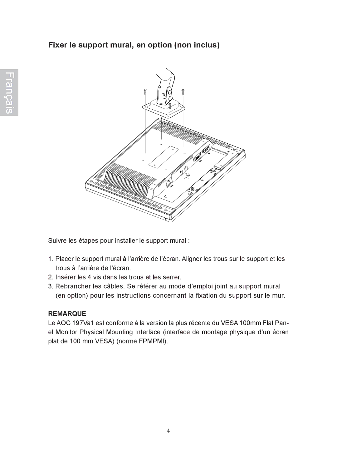 AOC 197Va1 manual Fixer le support mural, en option non inclus, Remarque 