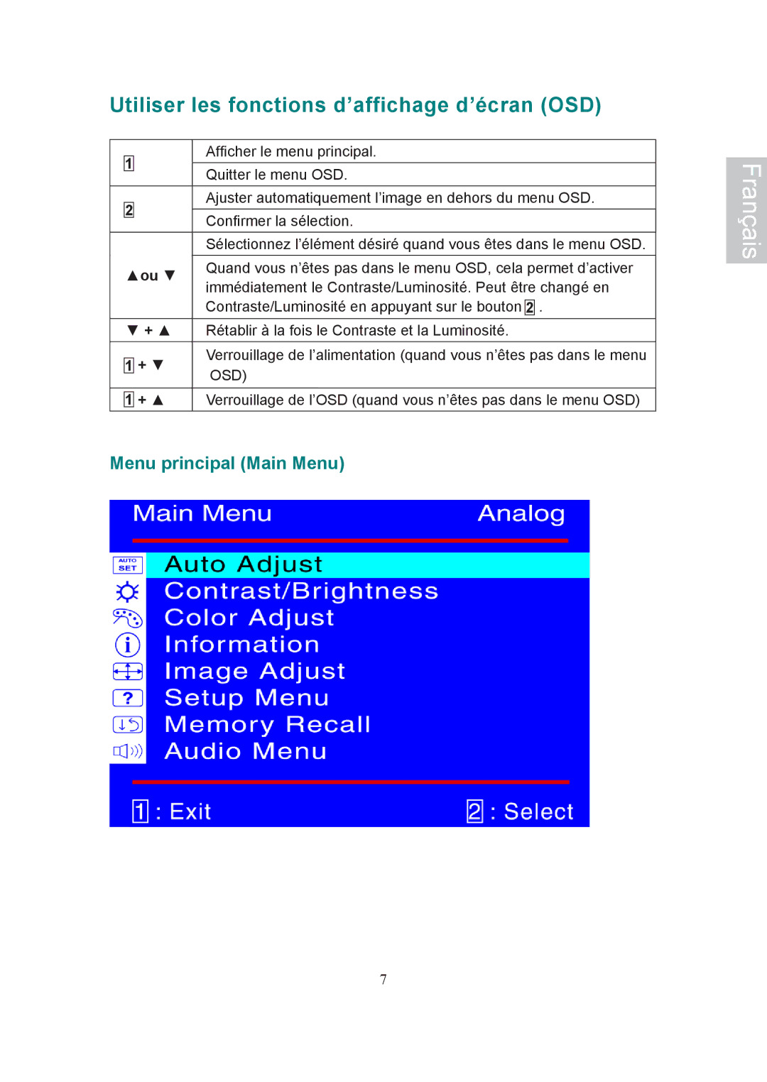 AOC 197Va1 manual Utiliser les fonctions d’affichage d’écran OSD 