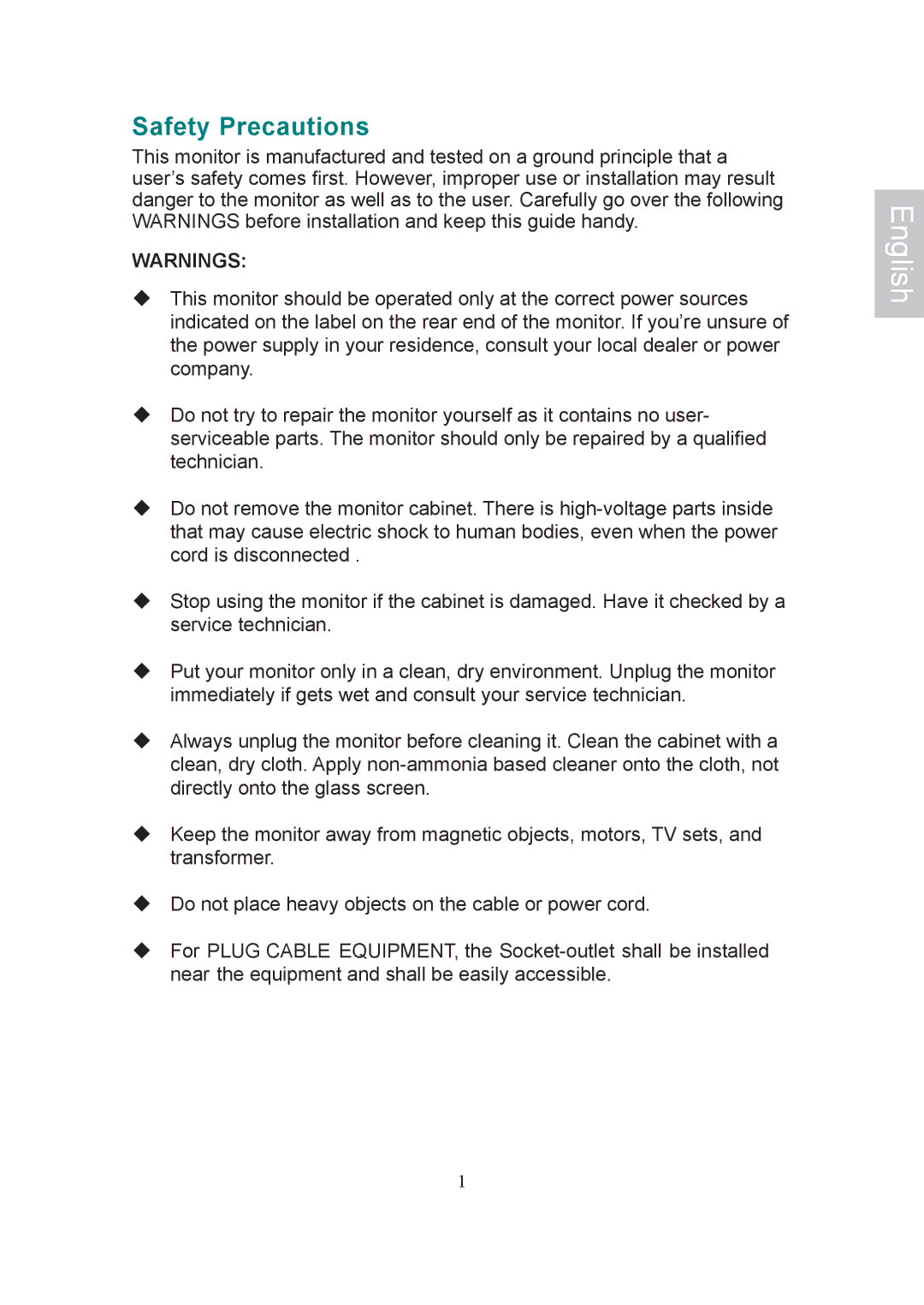 AOC 197Va1 manual Safety Precautions 