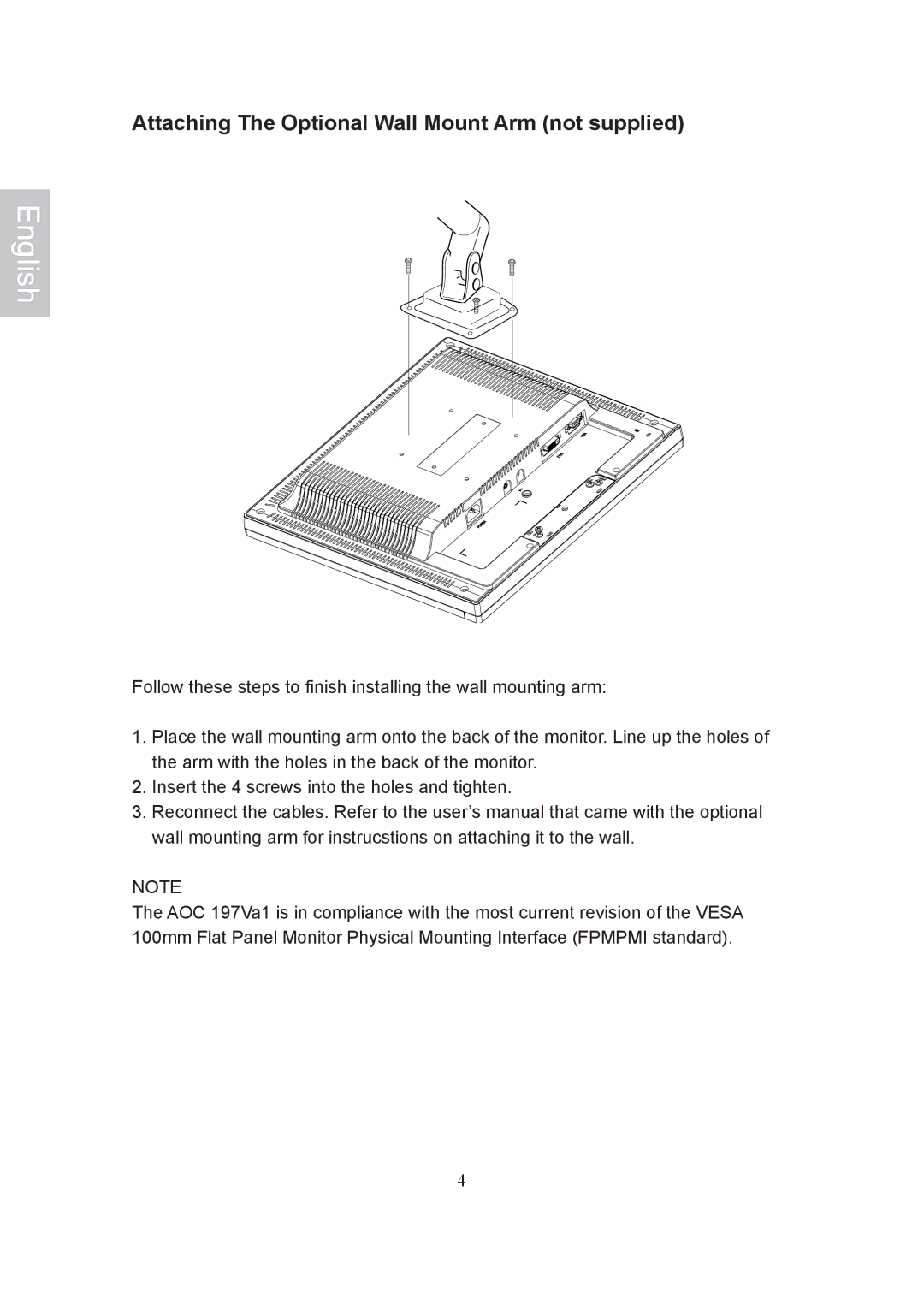 AOC 197Va1 manual Attaching The Optional Wall Mount Arm not supplied 