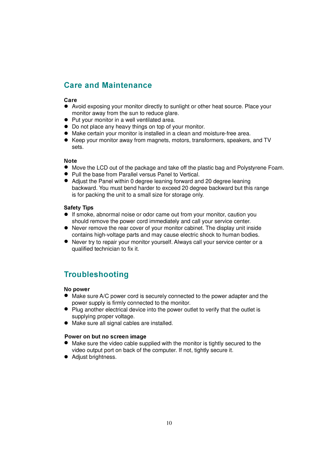 AOC 19LVWK manual Care and Maintenance, Troubleshooting 