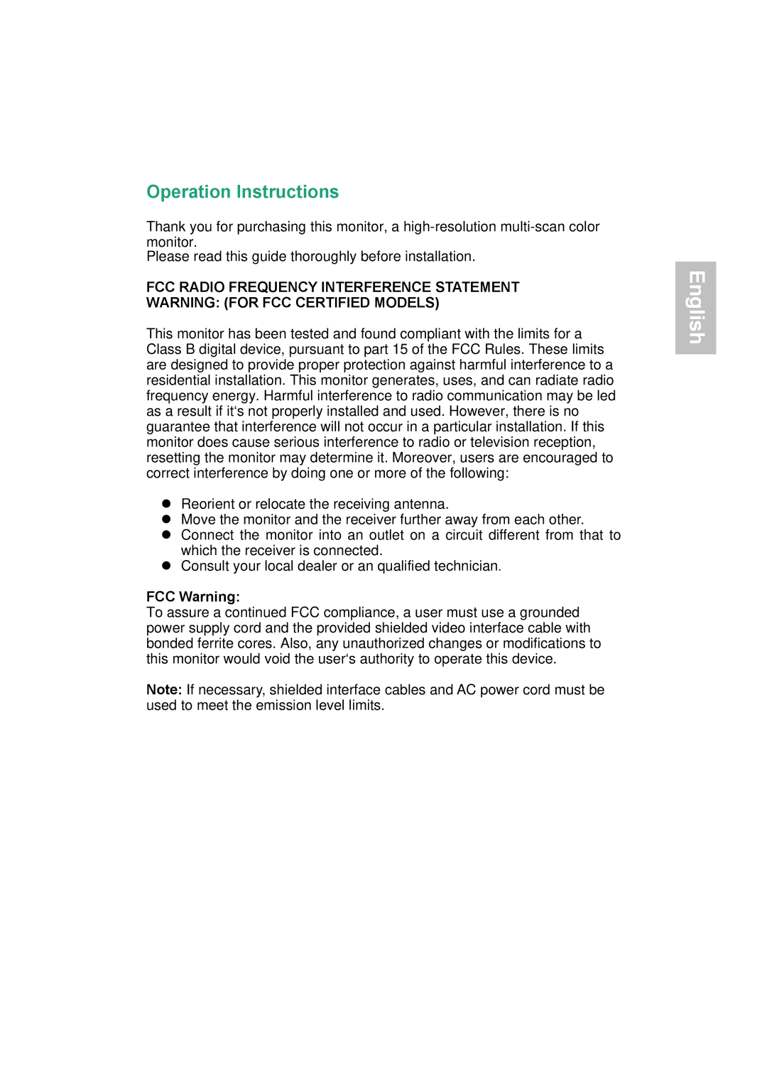 AOC 19LVWK manual Operation Instructions, FCC Warning 