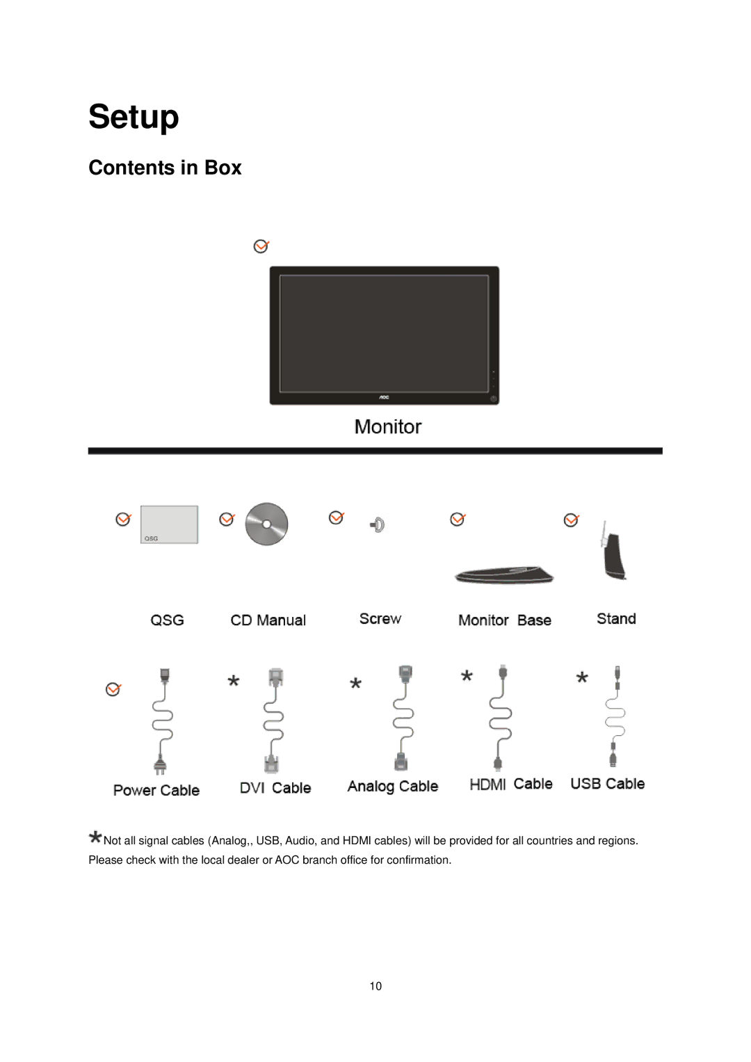 AOC 2036S manual Setup, Contents in Box 