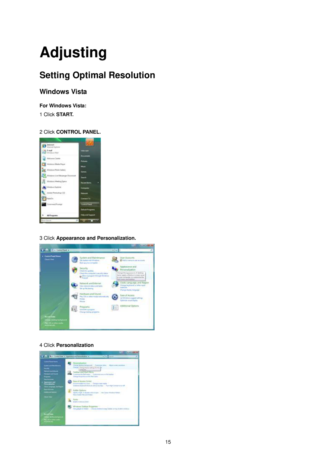 AOC 2036S manual Adjusting, Setting Optimal Resolution, Windows Vista 