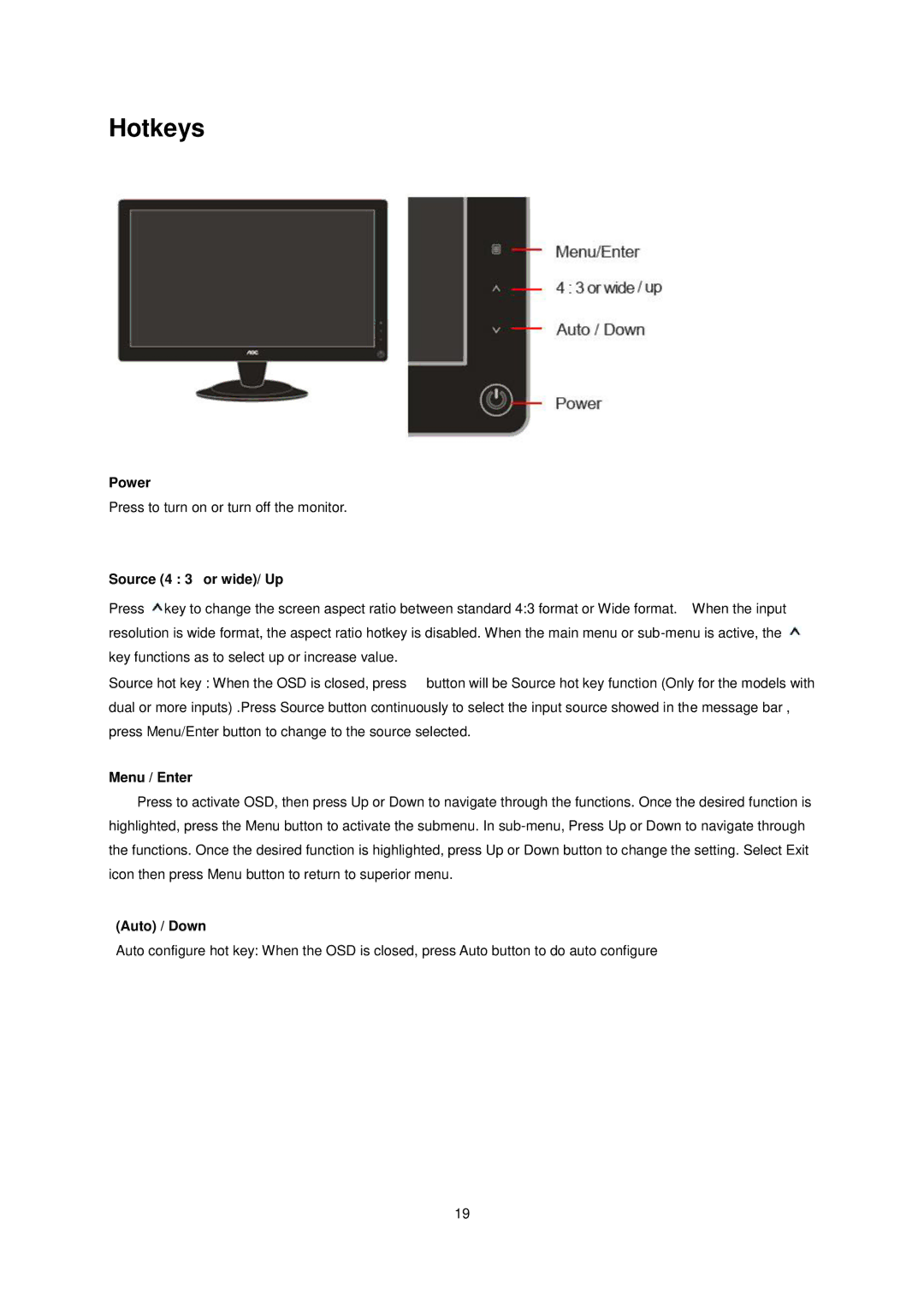 AOC 2036S manual Hotkeys, Source 4 3 or wide/ Up 