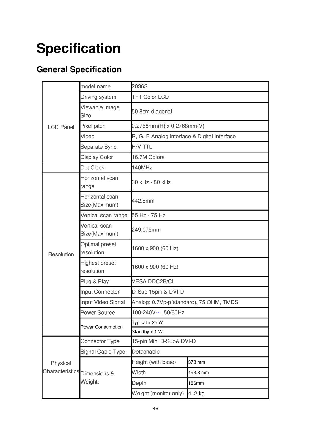 AOC 2036S manual General Specification 