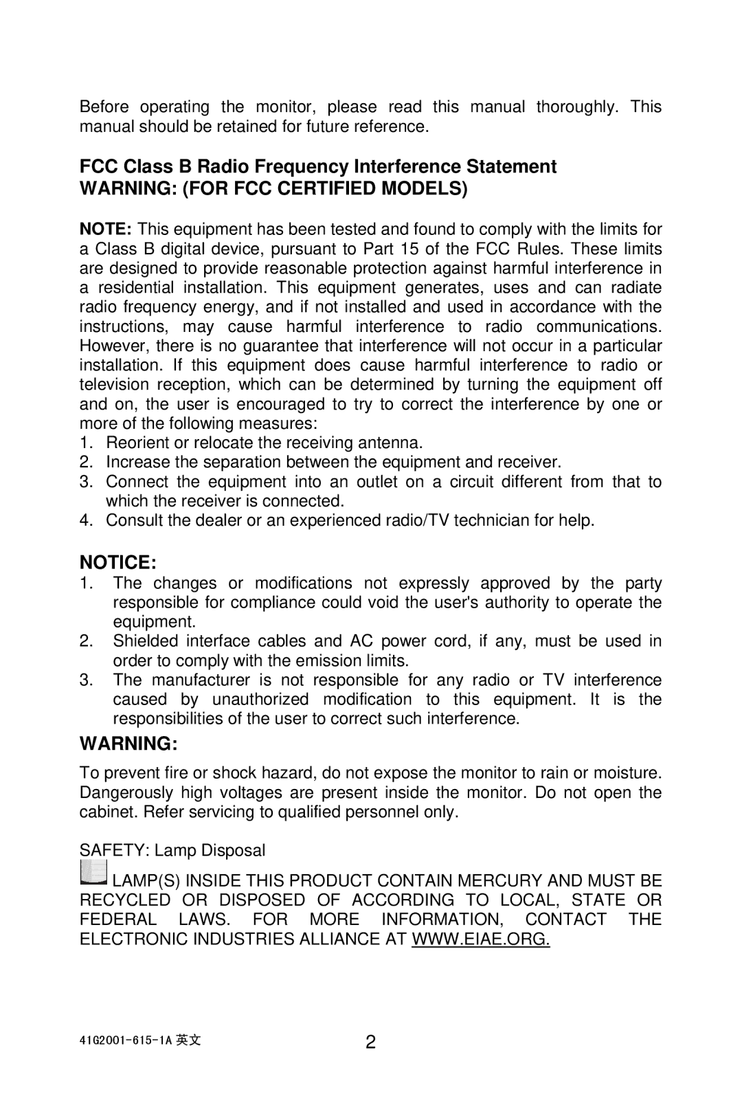 AOC 203P manual FCC Class B Radio Frequency Interference Statement 