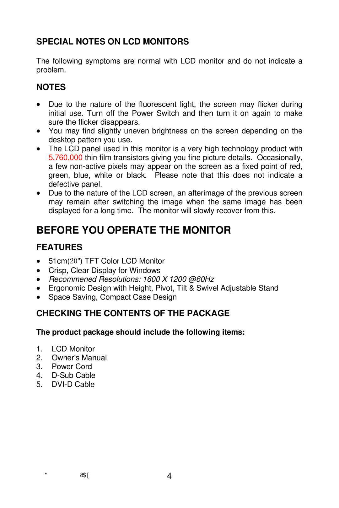 AOC 203P Before YOU Operate the Monitor, Special Notes on LCD Monitors, Features, Checking the Contents of the Package 