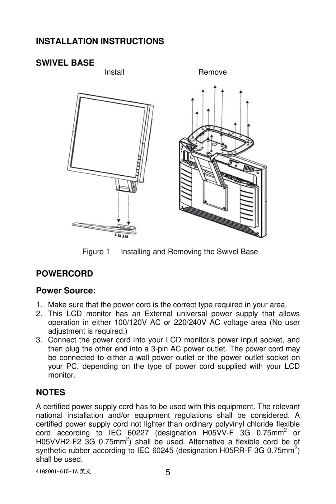 AOC 203P manual Installation Instructions Swivel Base, Powercord, Power Source 