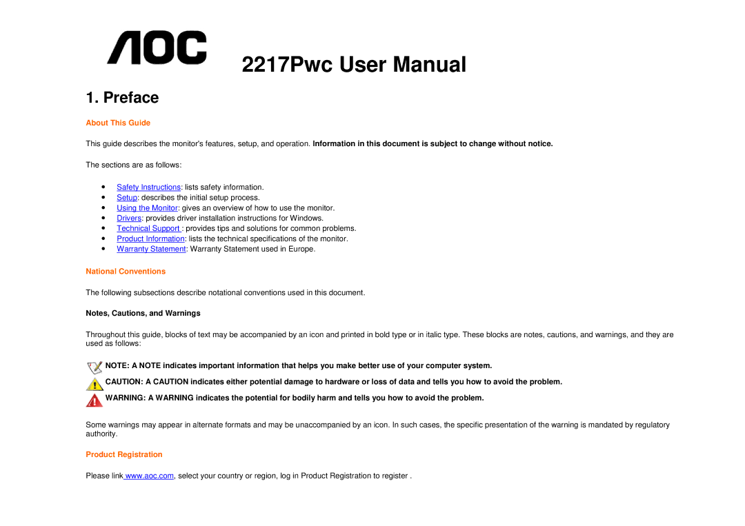 AOC 2217PWC user manual Preface, About This Guide, National Conventions, Product Registration 