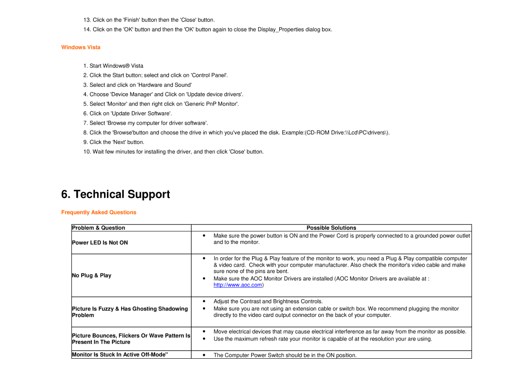 AOC 2217PWC user manual Technical Support, Windows Vista, Frequently Asked Questions 