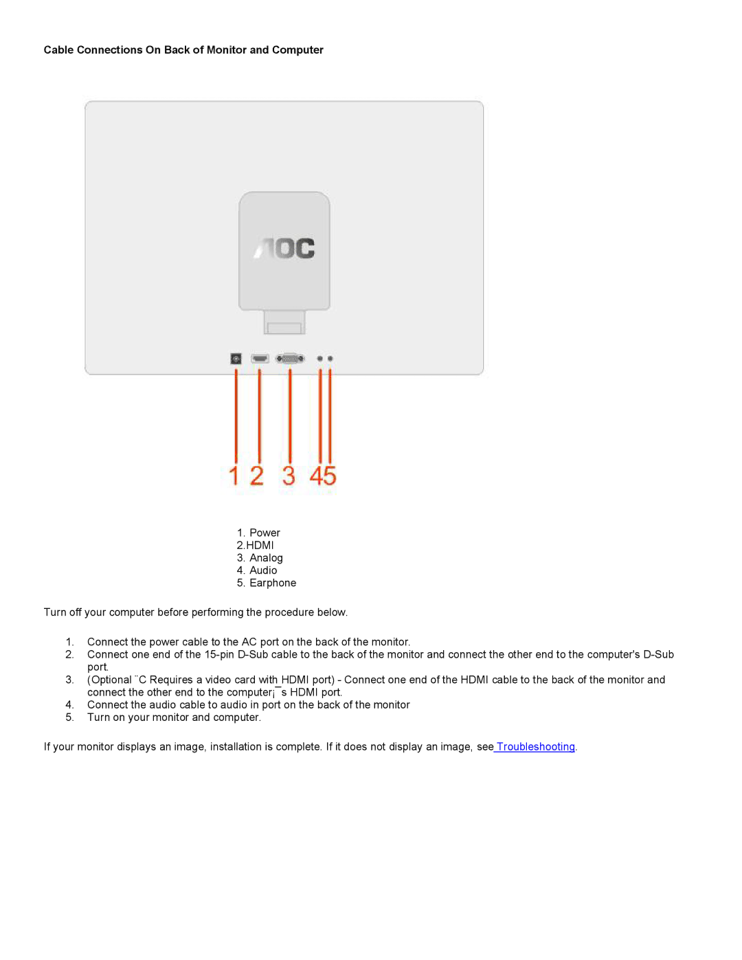 AOC 2218PH user manual Cable Connections On Back of Monitor and Computer Power, Hdmi, Turn on your monitor and computer 