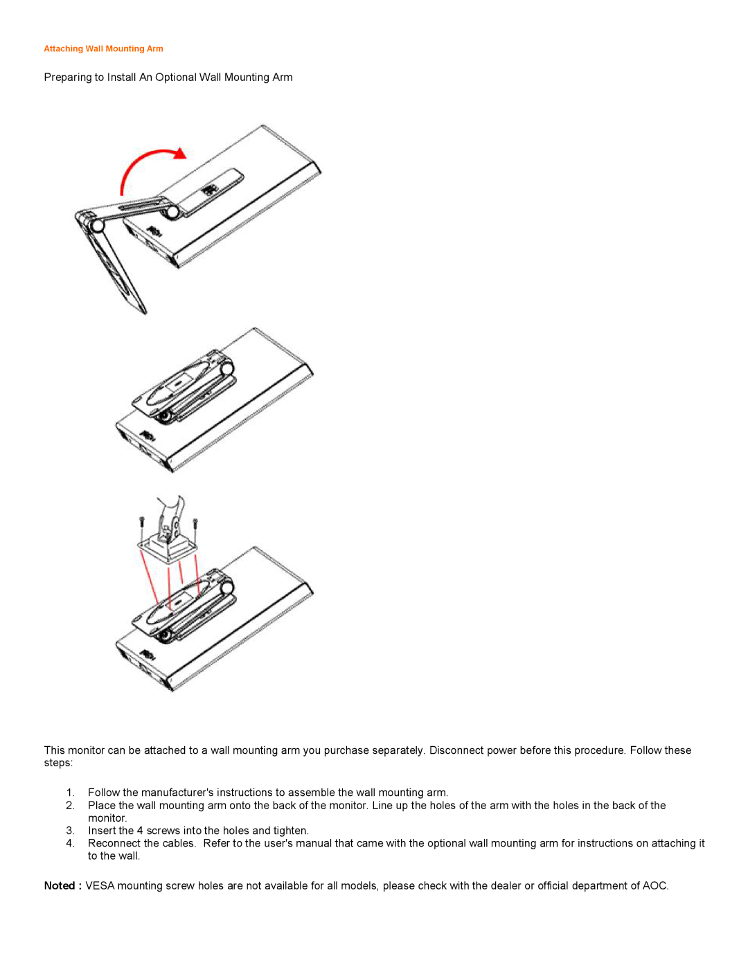 AOC 2218PH user manual Attaching Wall Mounting Arm 