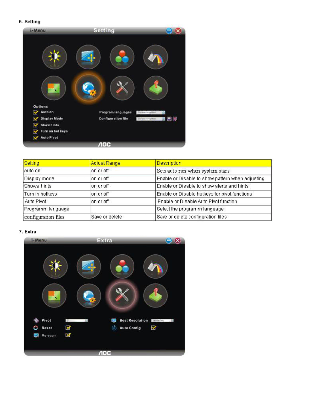 AOC 2230 user manual Setting Extra 