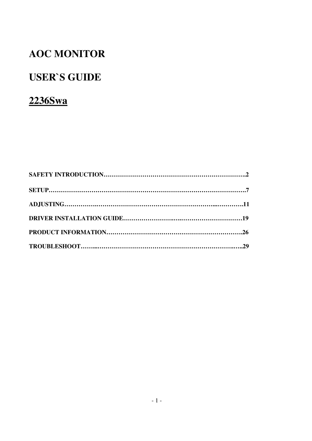 AOC 2236SWA manual AOC Monitor USER`S Guide, 2236Swa 