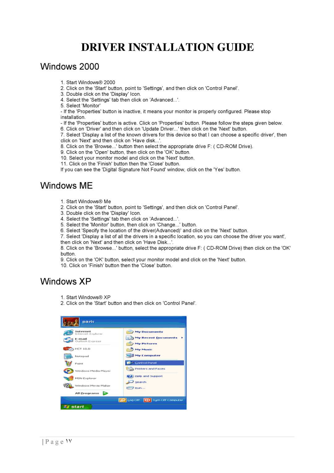 AOC 2236VWA manual Driver Installation Guide, Windows 