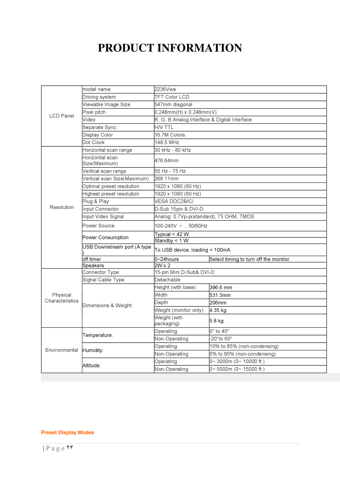 AOC 2236VWA manual Product Information, Ttl 