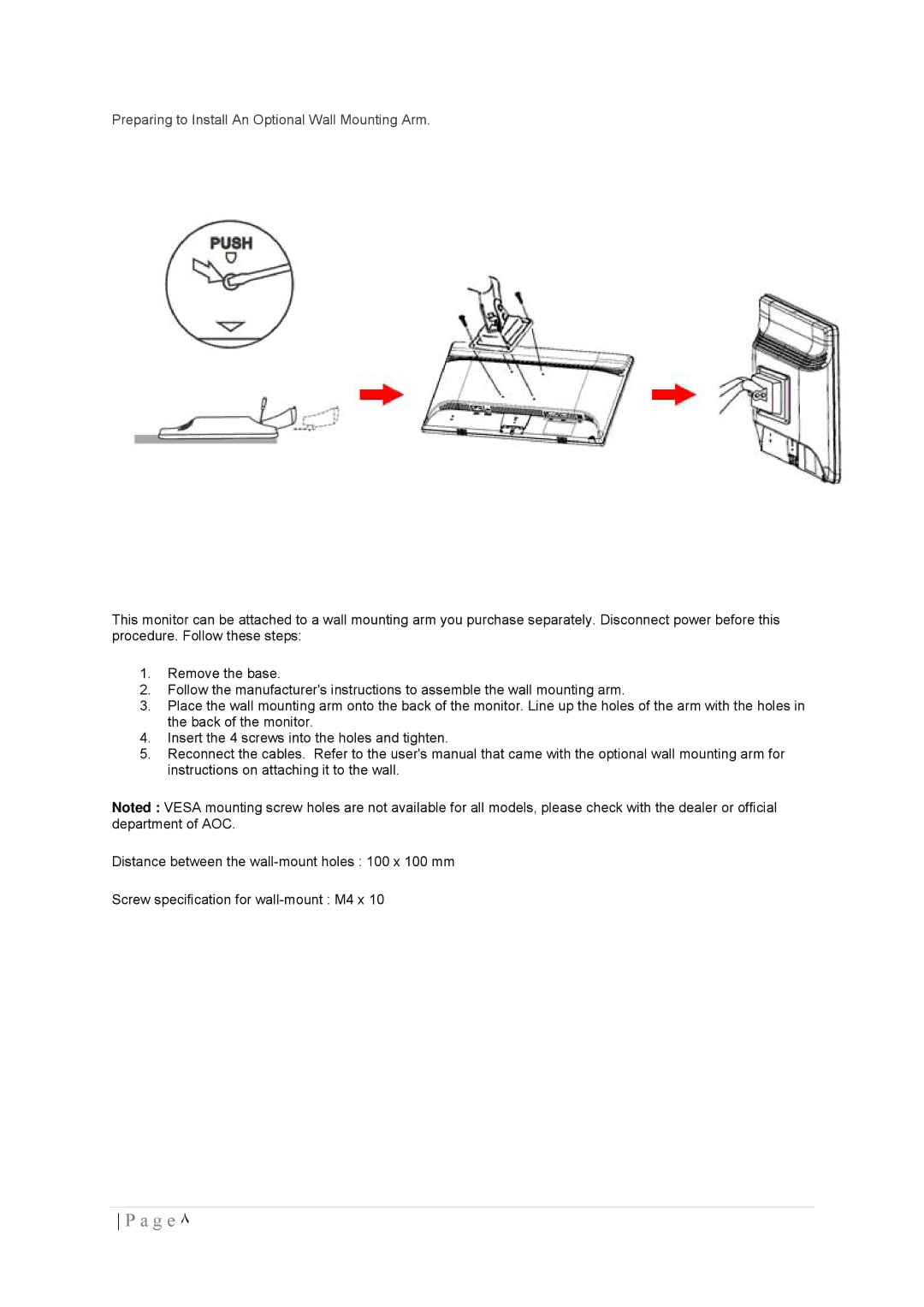 AOC 2236VWA manual Preparing to Install An Optional Wall Mounting Arm 